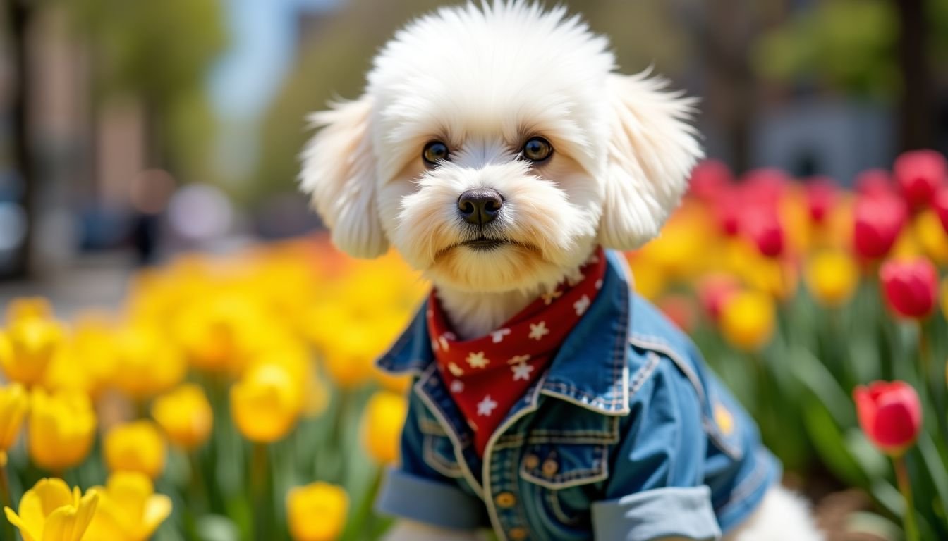 A small white dog poses in a trendy outfit in a colorful urban park.