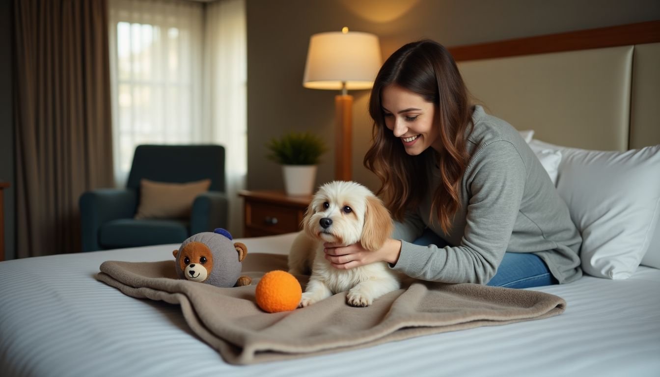 A woman prepares a cozy hotel room for her pet.