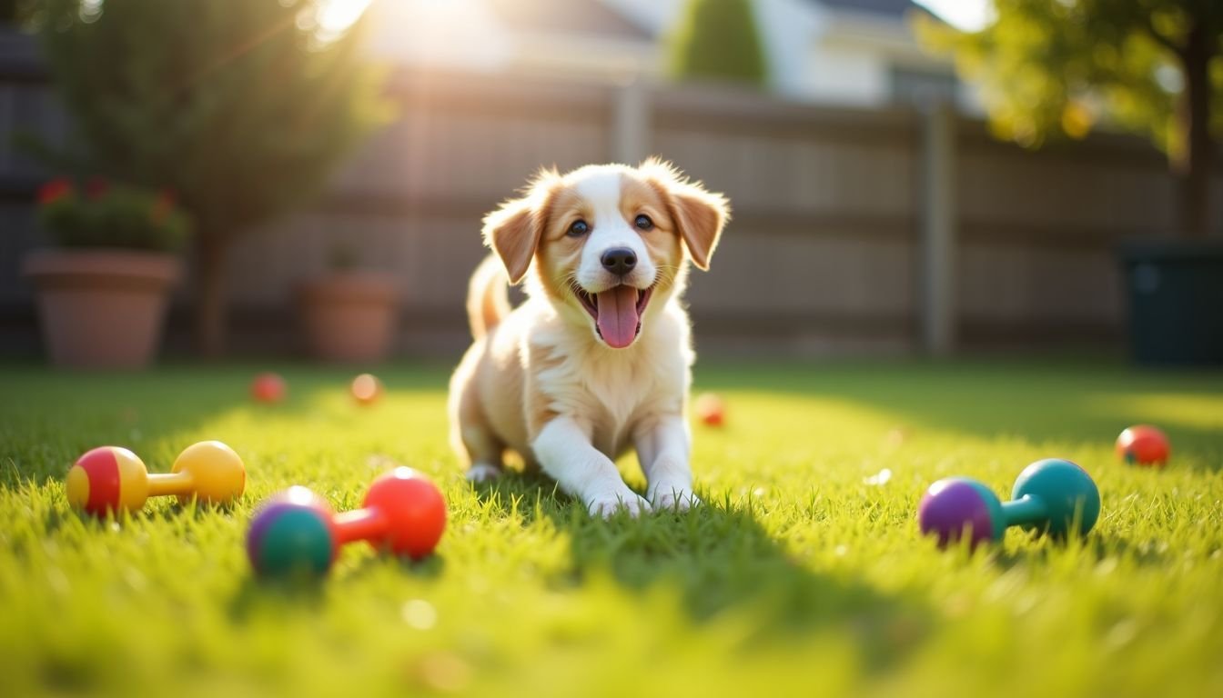 A playful puppy enjoys a sunny backyard with scattered toys.