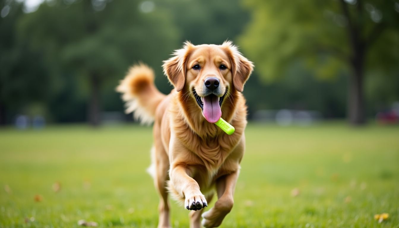 A golden retriever plays with a fetch stick in a park.