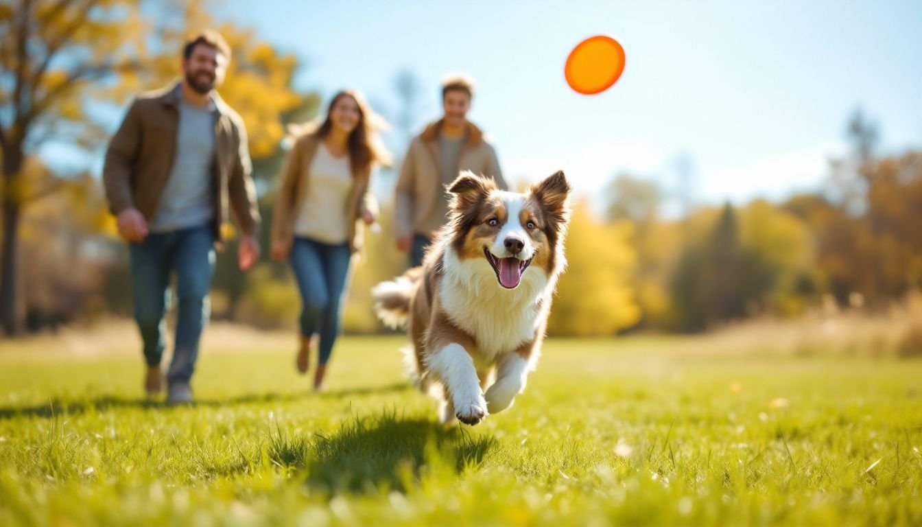A family playing fetch with their Australian Shepherd dog in a park. A family playing fetch with their Australian Shepherd dog in a park.