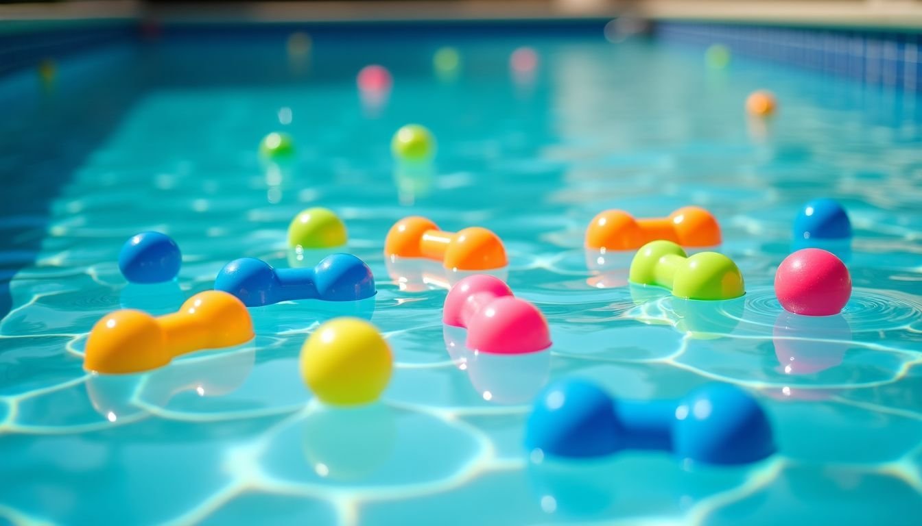A vibrant swimming pool filled with colorful floating toys.