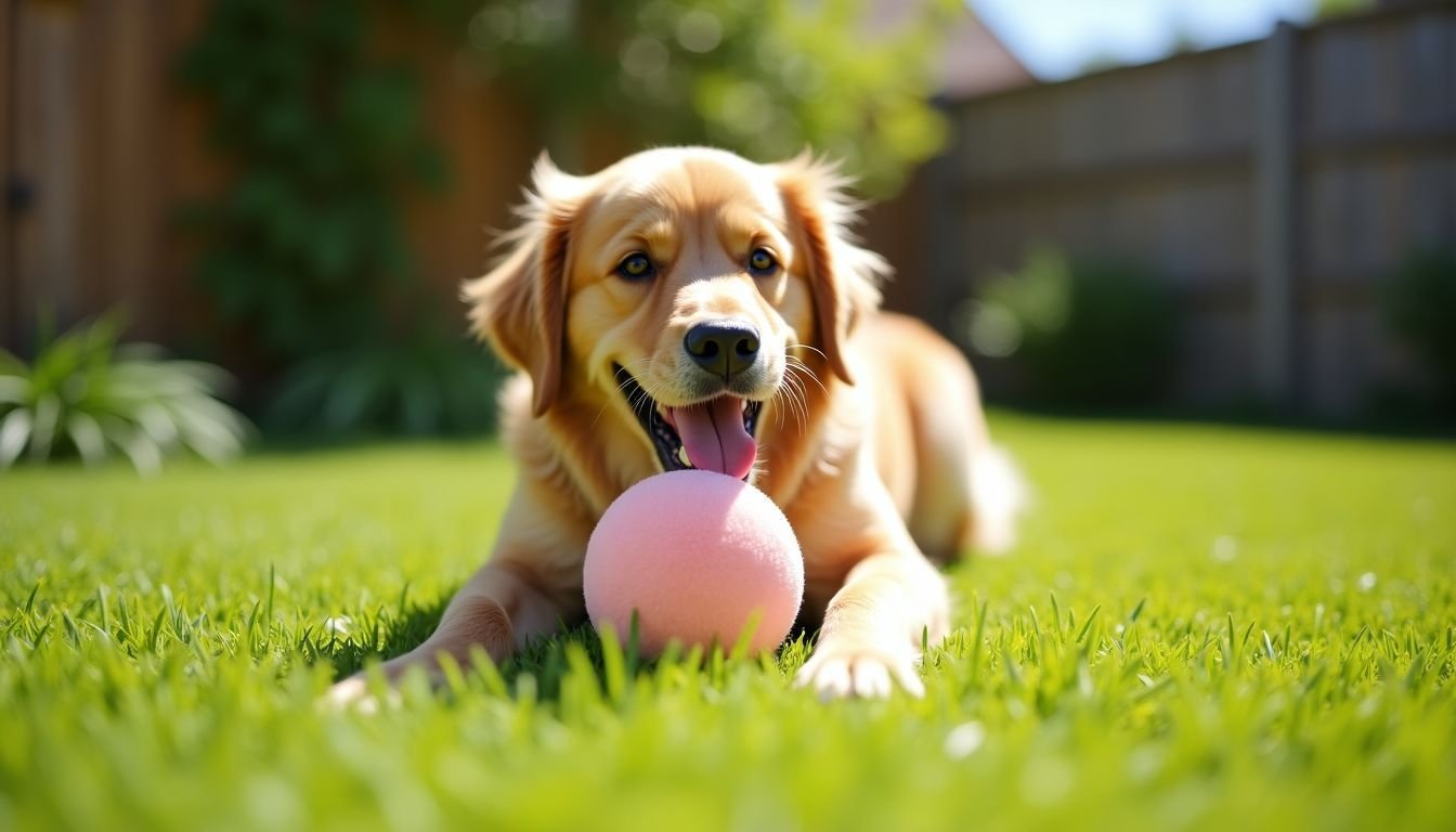 A golden retriever joyfully plays with a plush dog toy in a backyard.