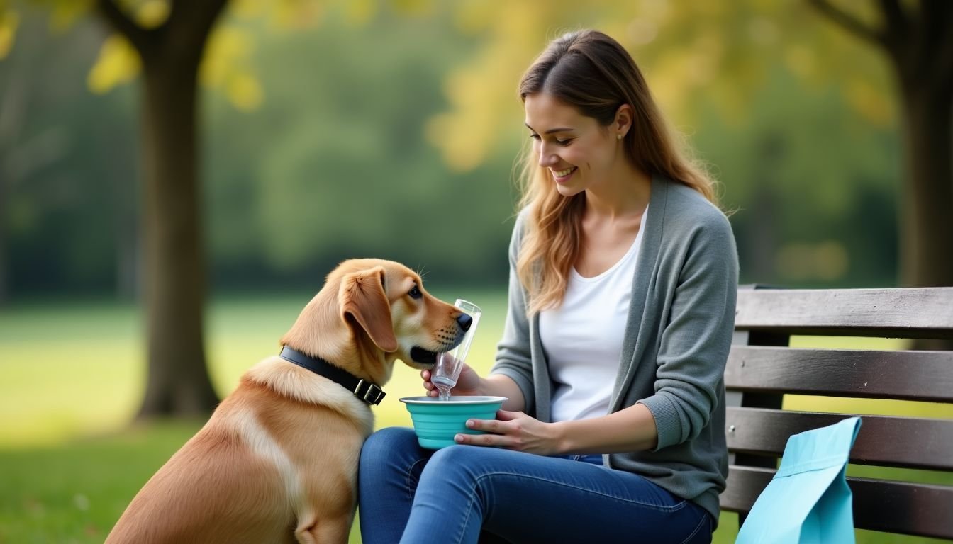 A woman is giving water to her dog in the park.