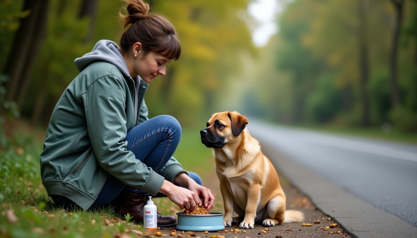 A dog owner casually feeds their furry companion at a roadside stop.
