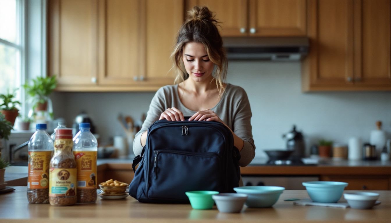 A woman is preparing a travel bag for her dog in the kitchen.
