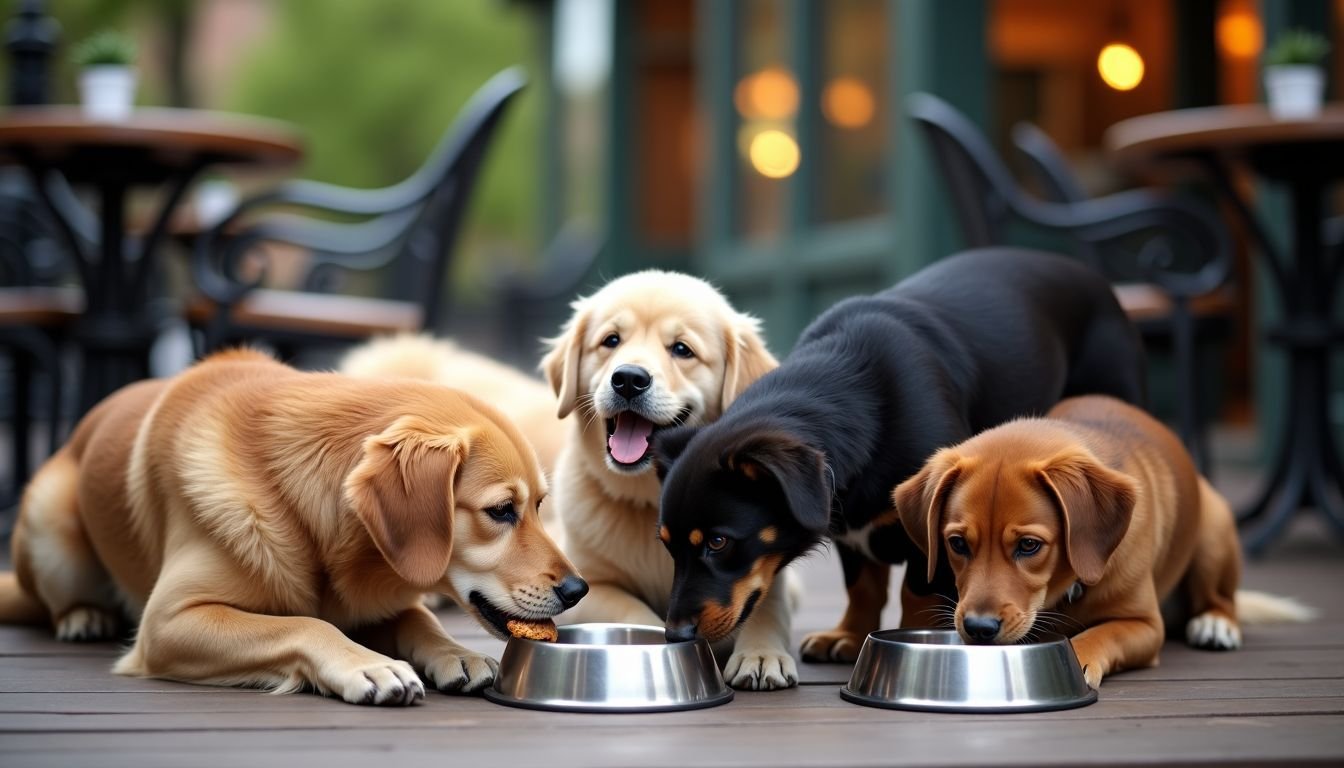 A cozy outdoor patio at Four Dogs Tavern with dogs sharing treats.