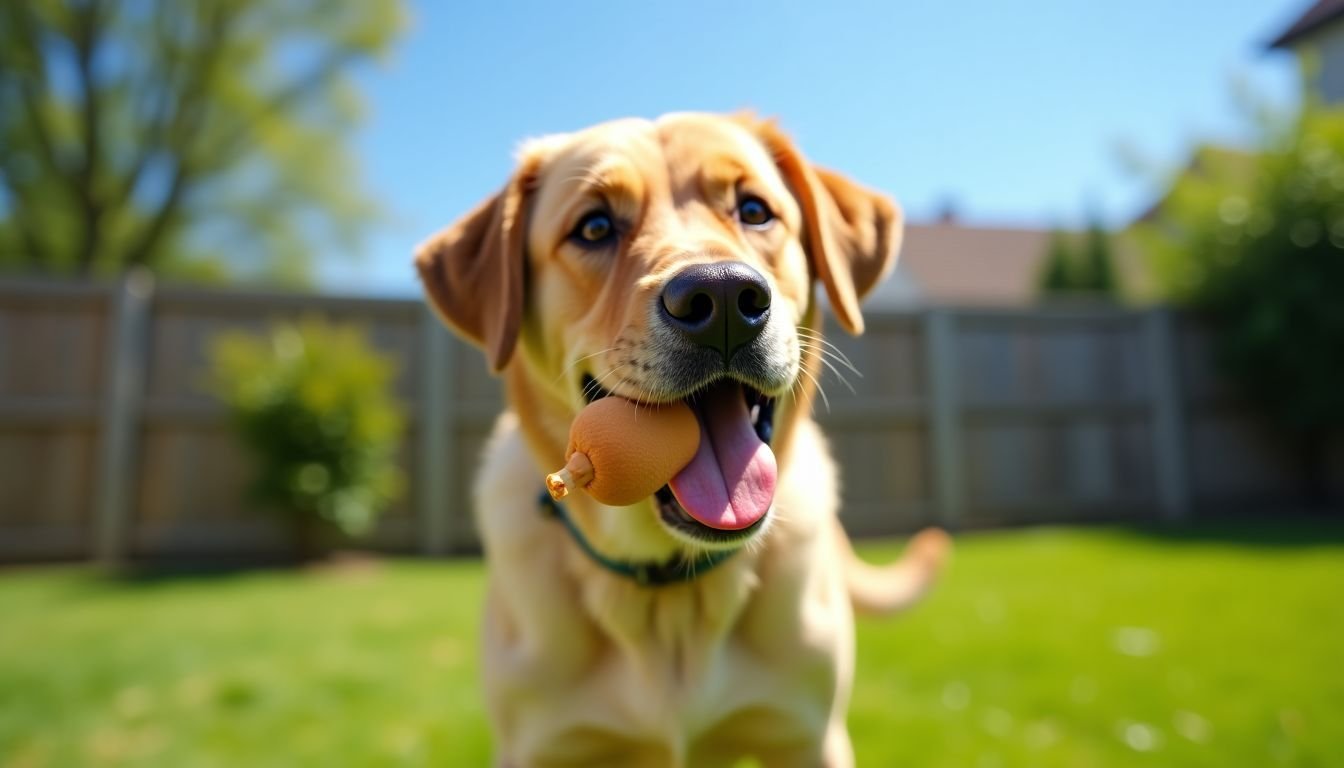 A Labrador retriever enjoying a frozen peanut butter treat in backyard.