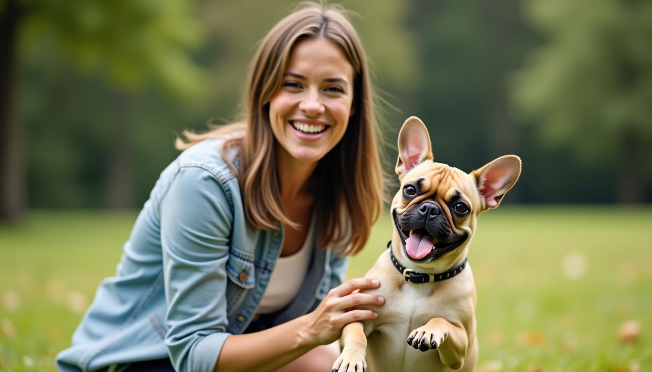 A woman enjoys a sunny day in the park with her French Bulldog.