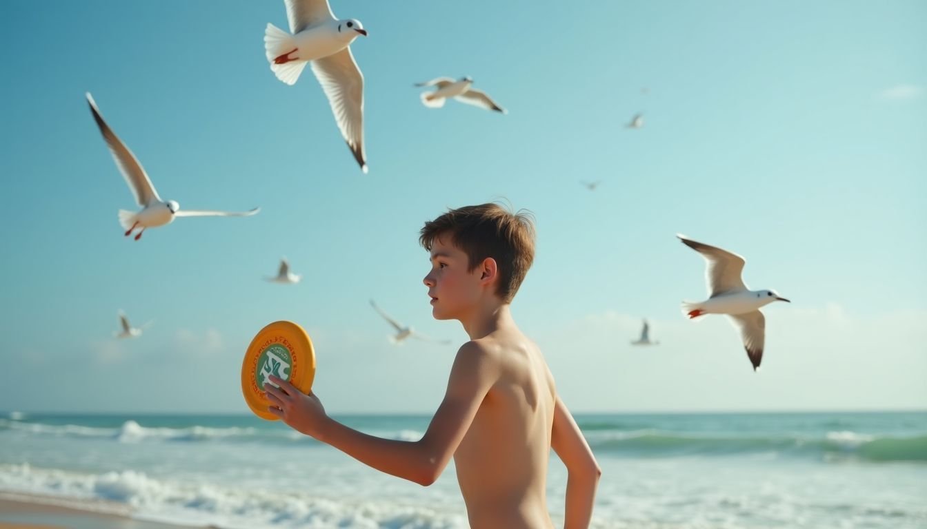 A teenage boy playing Frisbee at the beach surrounded by seagulls.