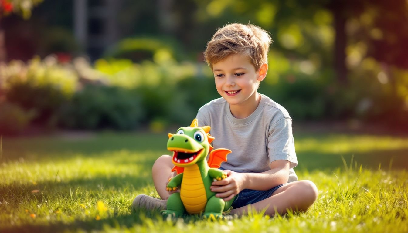 A 7-year-old boy plays with a colorful GoDog Dragon toy outdoors.