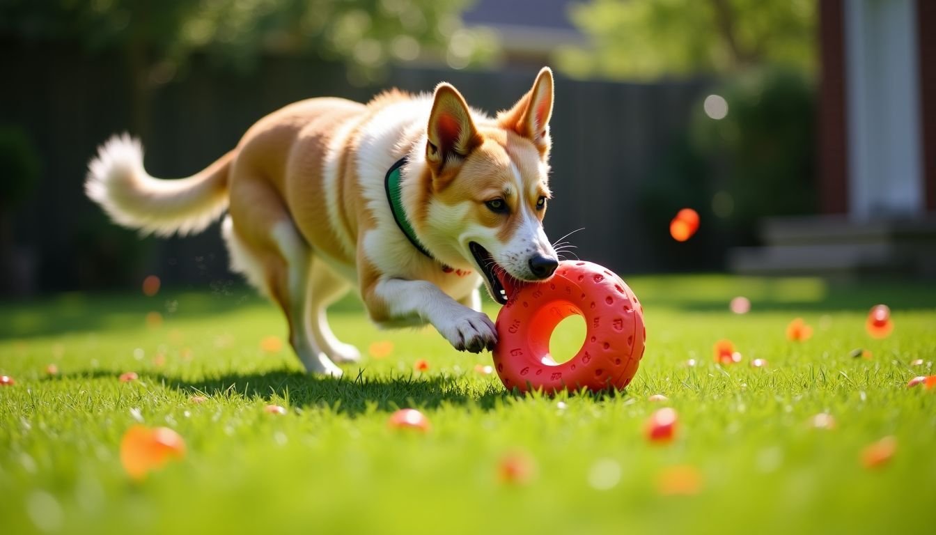 A large dog plays energetically with Goughnuts Maxx Heavy Duty Tug Toy in a backyard.
