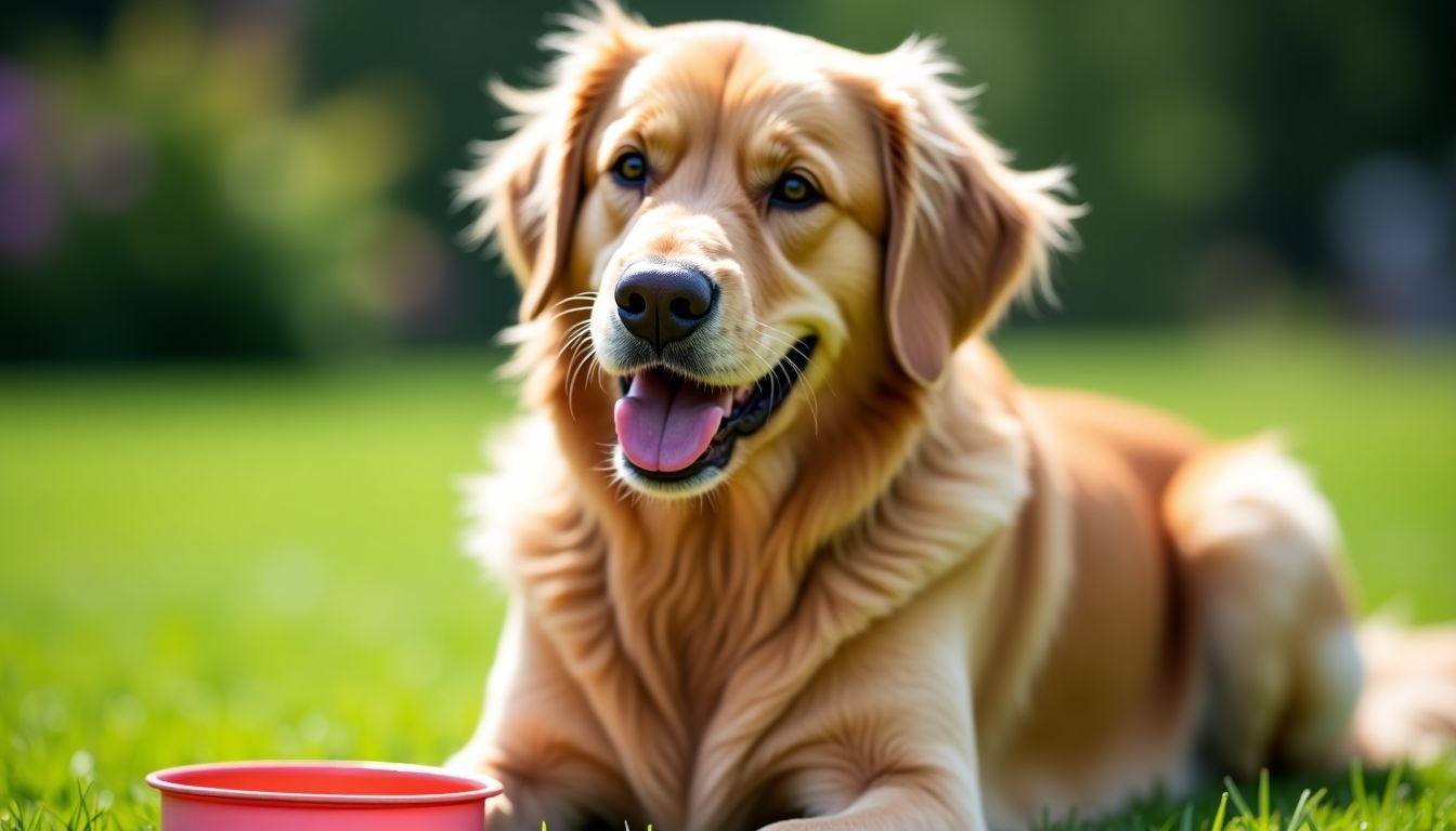 A golden retriever happily eats grain-free dog food outdoors.