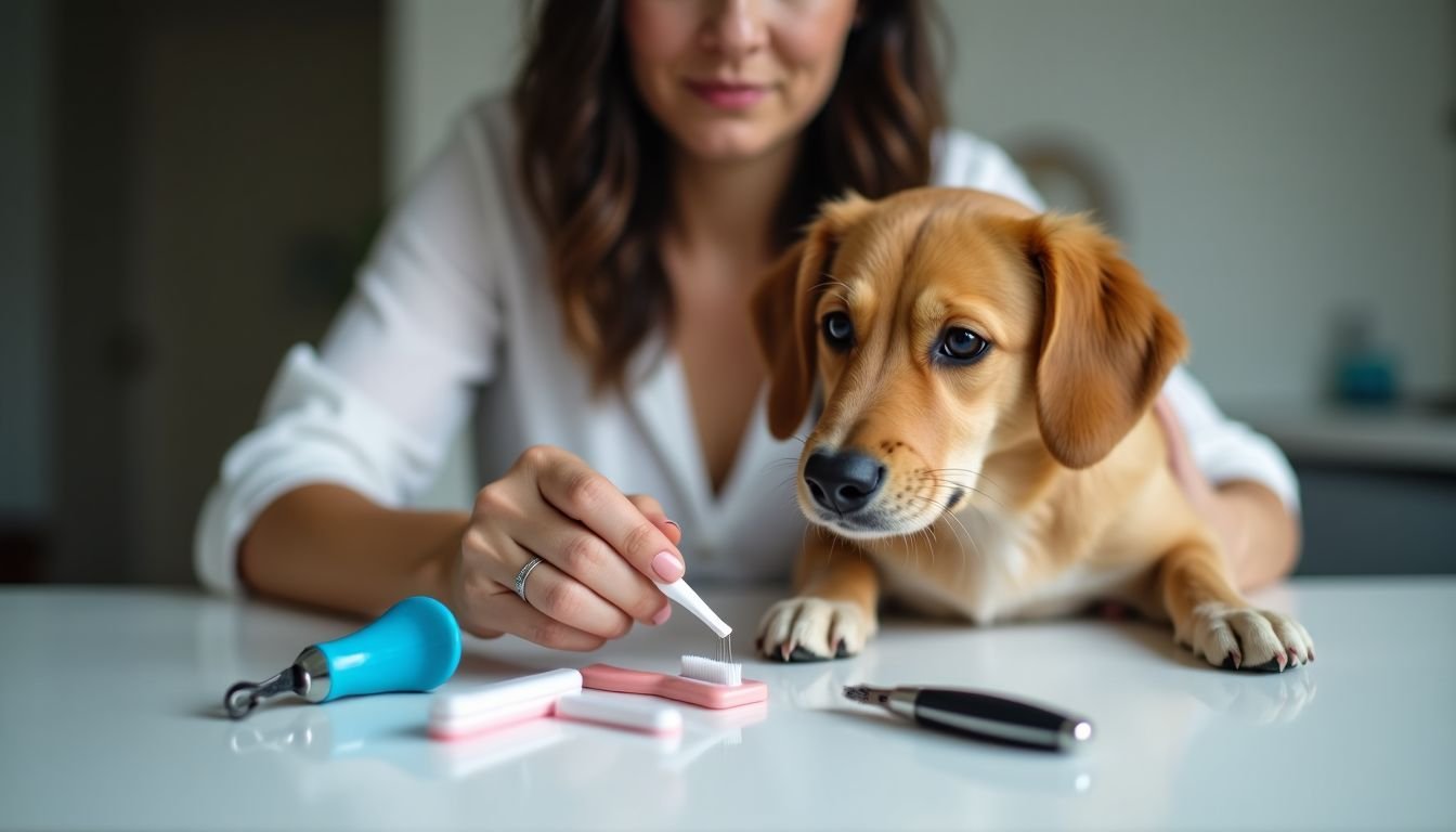A woman arranging grooming items for her dog on a table.