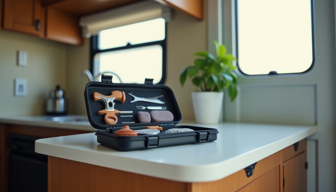 Neatly organized portable dog grooming kit in an RV bathroom.