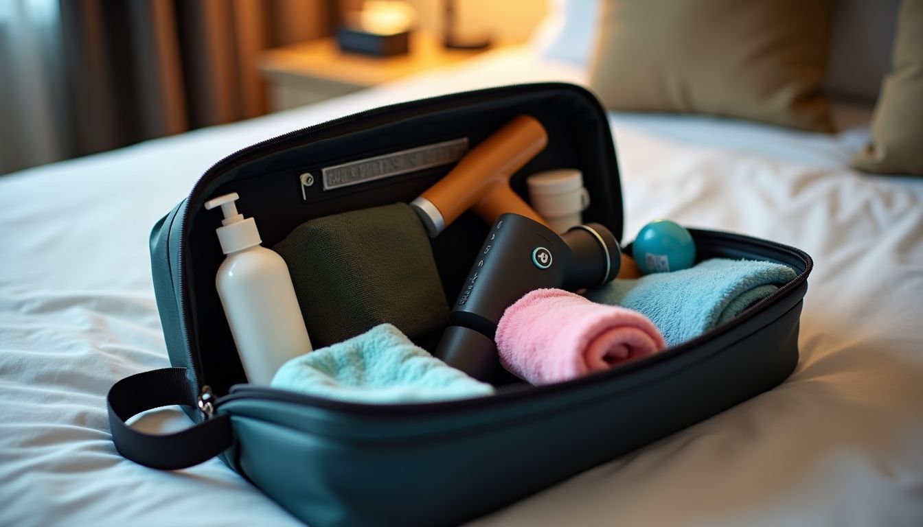 A compact travel bag filled with dog grooming supplies in a hotel room.