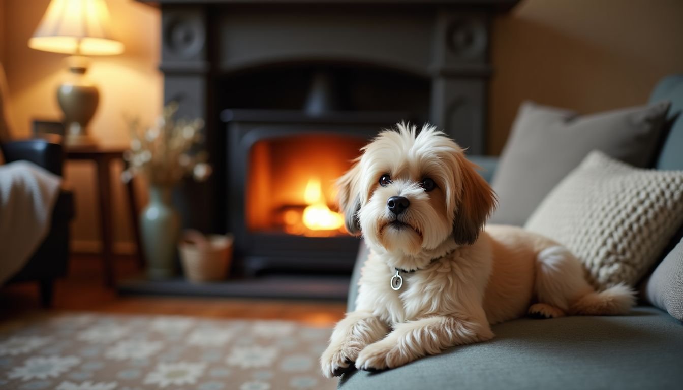 A Havanese dog lounges by the fireplace in a cozy living room.