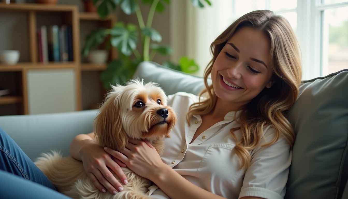 A woman in her 30s sits on a couch petting her dog.