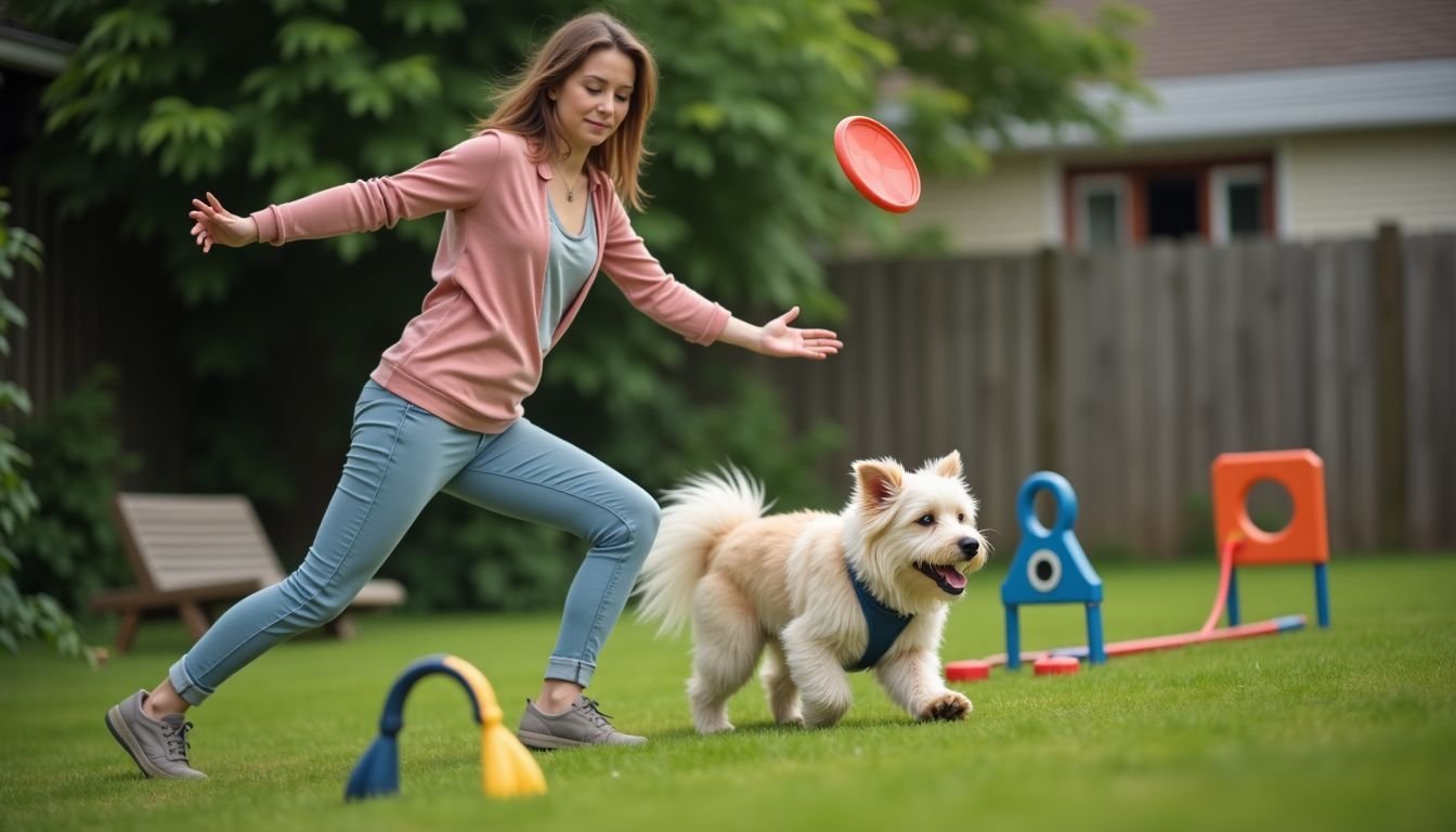 A woman plays frisbee with her fluffy dog in a backyard.