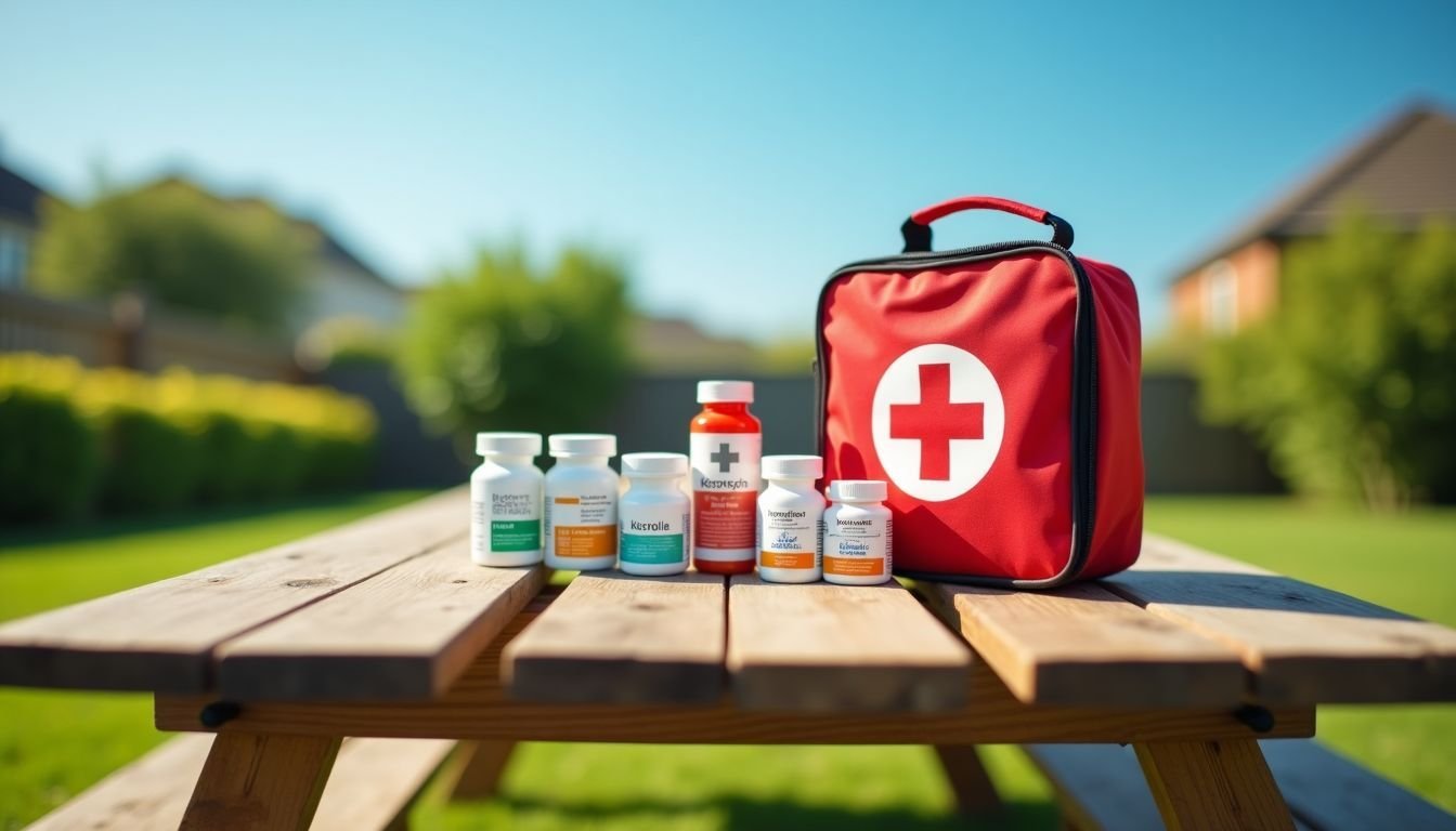 A travel-ready first aid kit for dogs on a rustic picnic table.