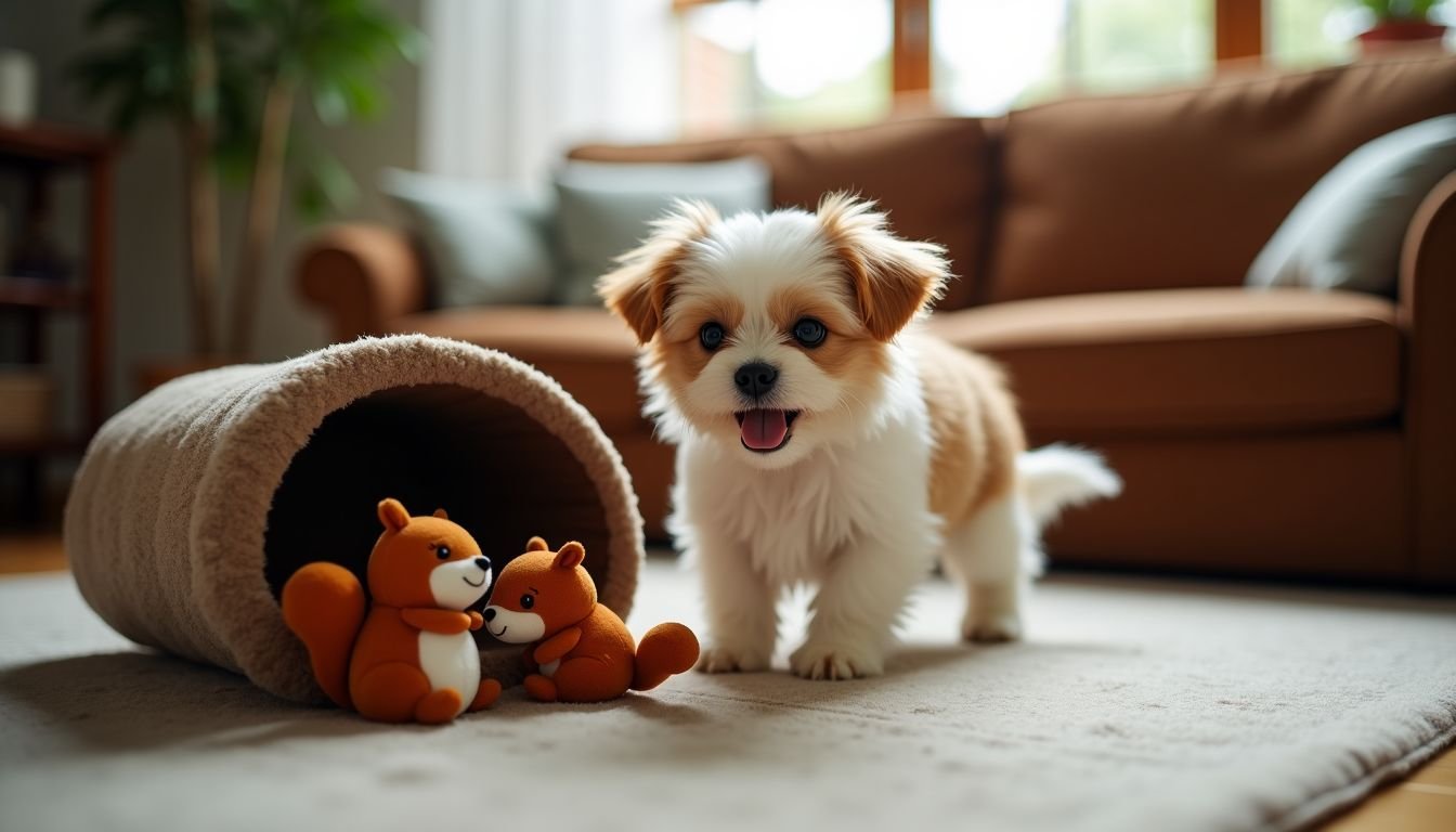 A small dog plays with plush squirrels in a cozy living room.