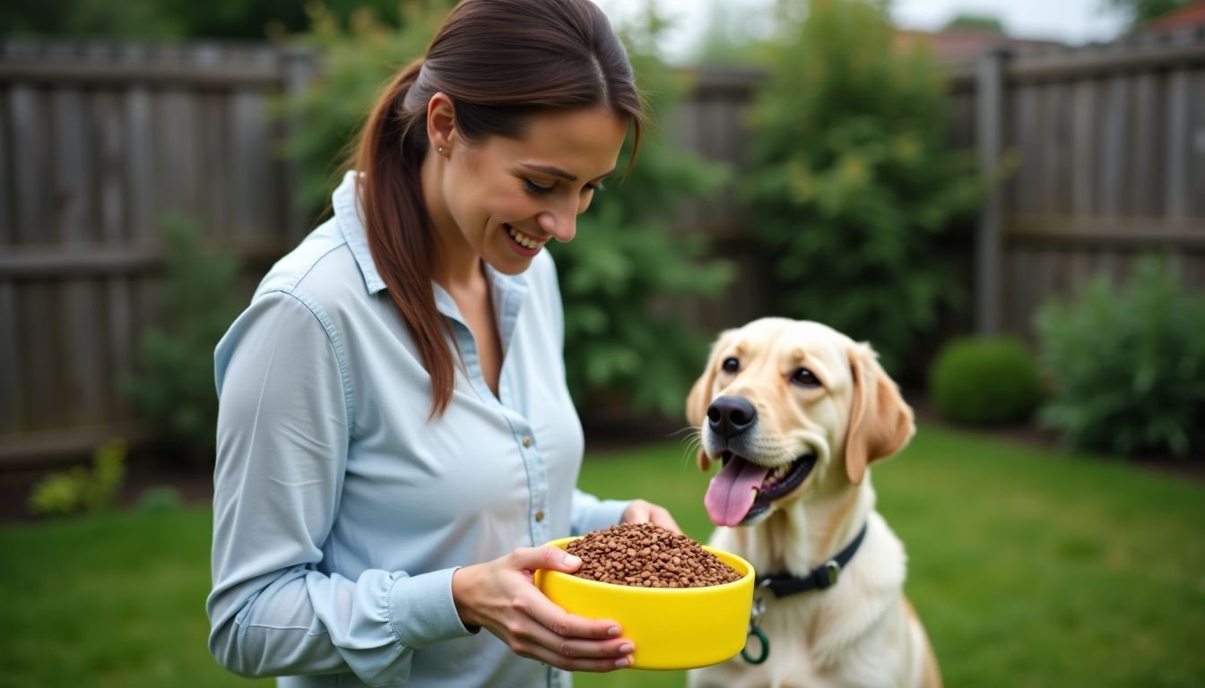 A woman pours dog food for a Labrador Retriever in a backyard.