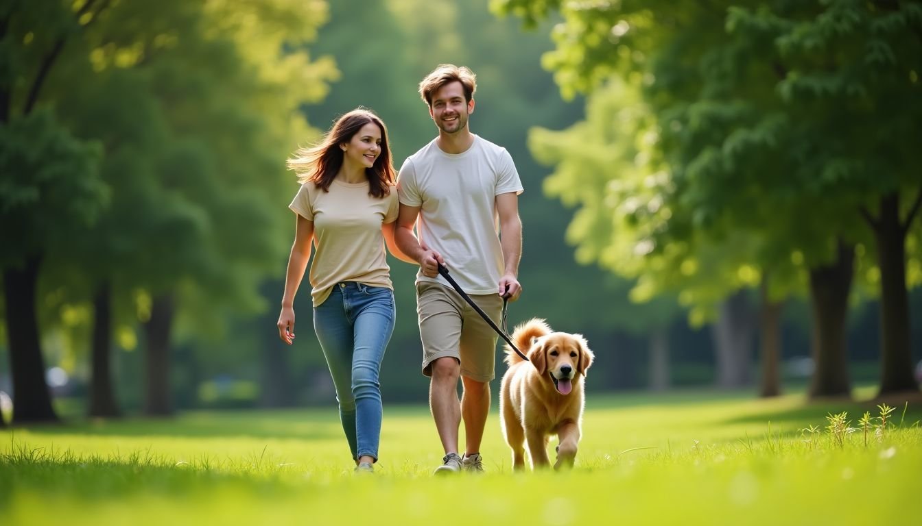 A young couple walks their playful golden retriever puppy in the park.