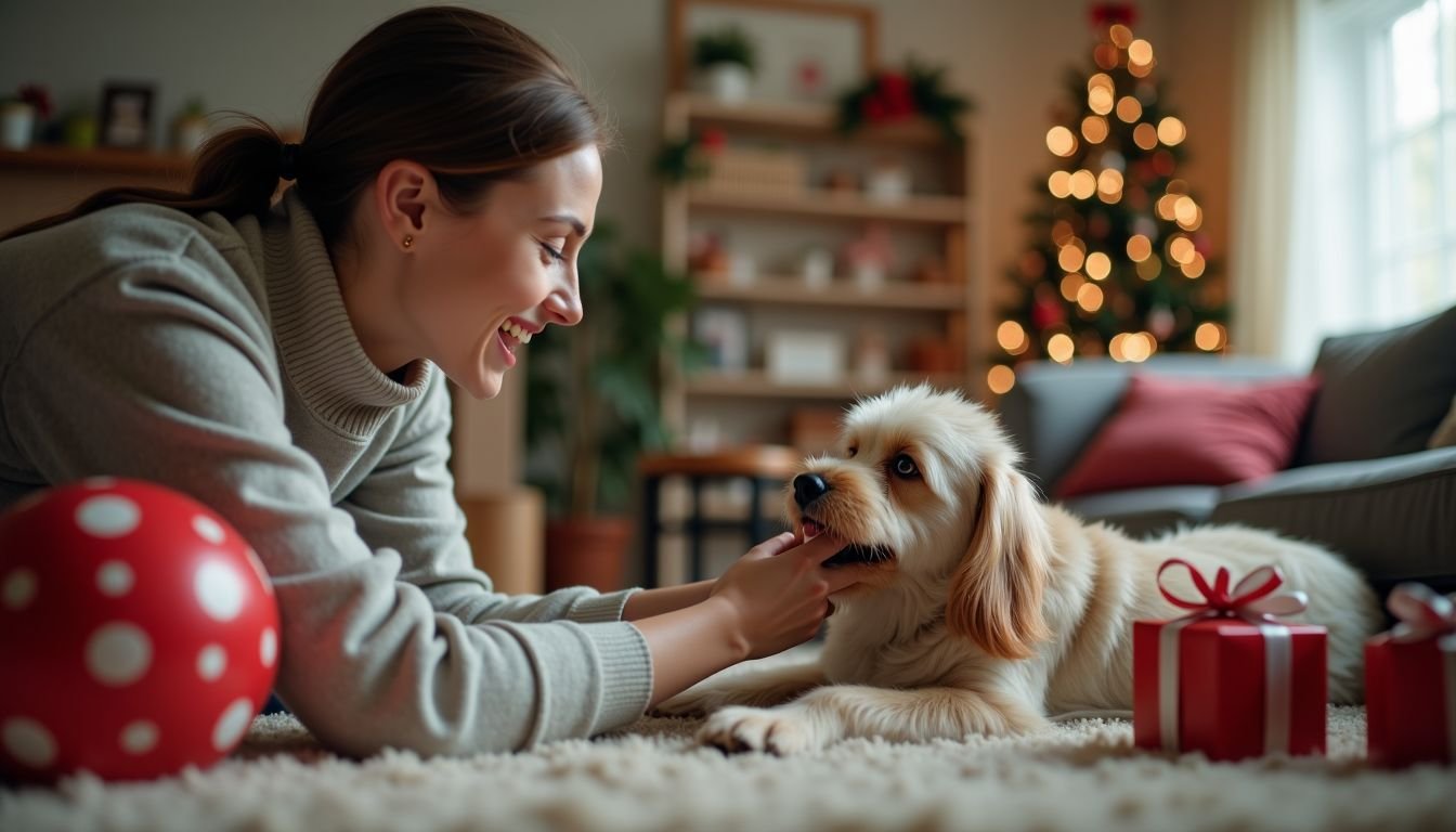 A woman playing with her dog in a festive living room.