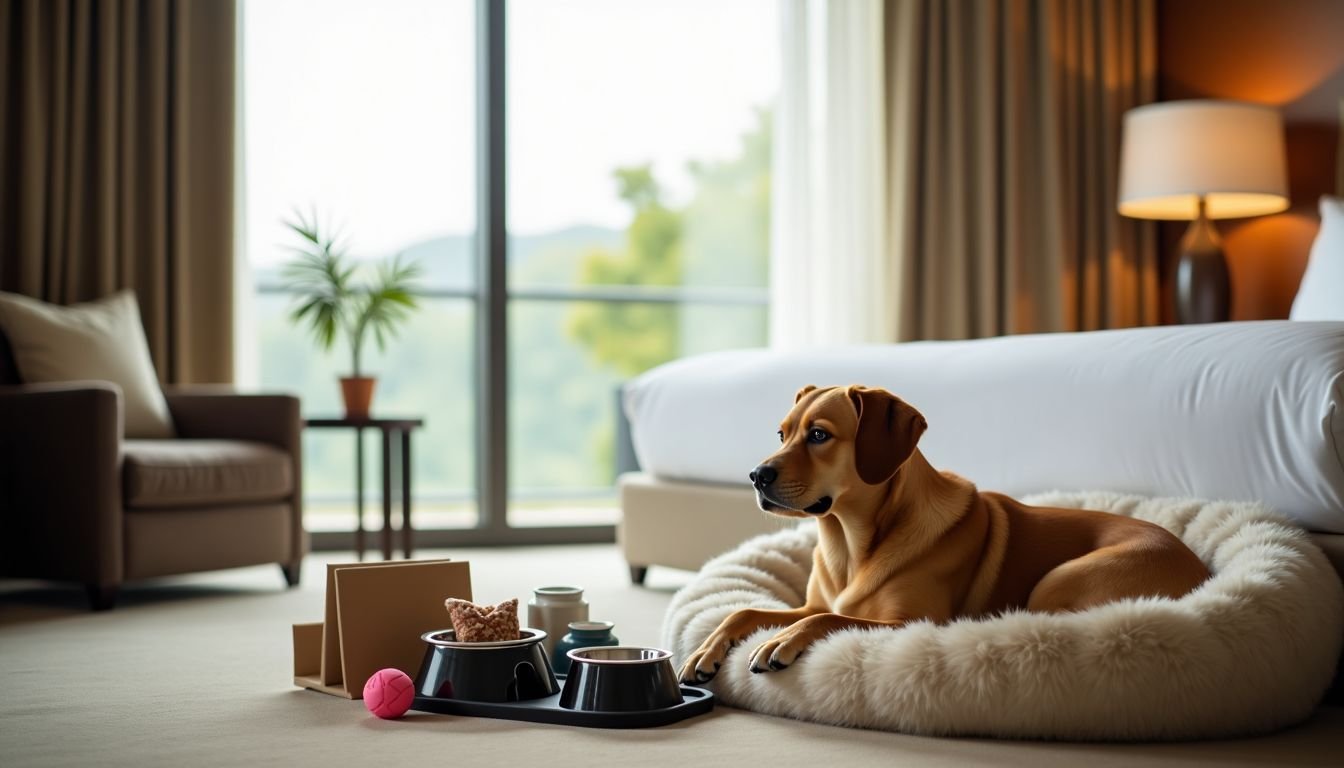 A luxury hotel room with a welcoming setup for pets.