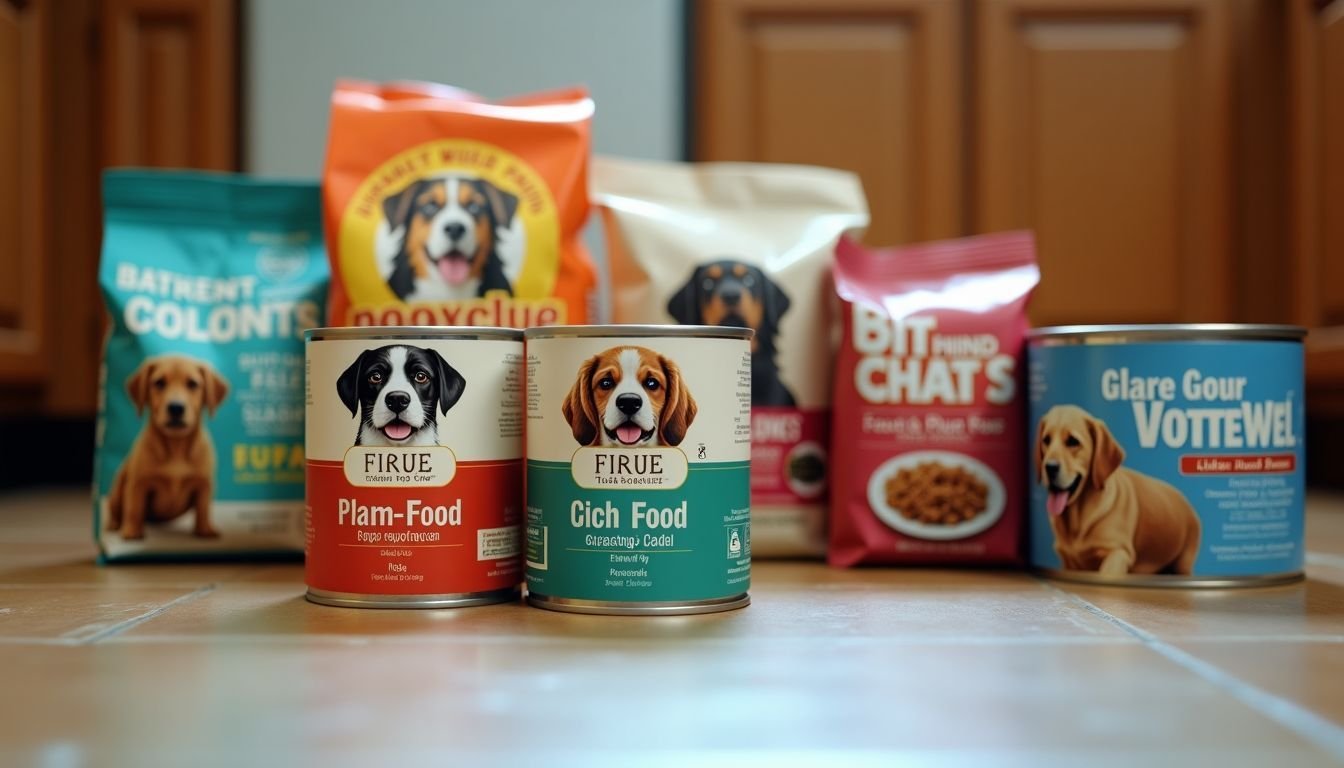 Assorted dog food cans and bags scattered on the kitchen floor.
