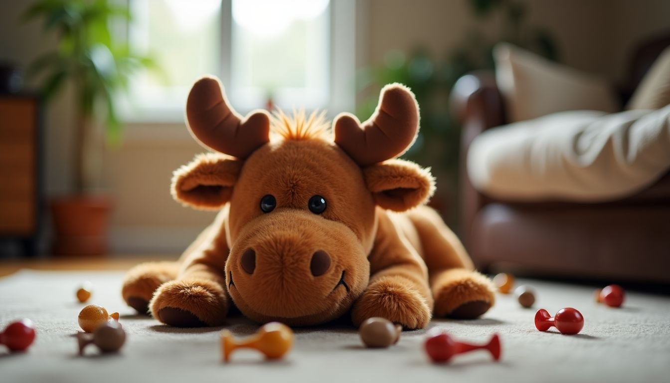 A well-loved HuggleHounds Knottie Morris Moose plush toy in a cozy living room surrounded by dog toys.