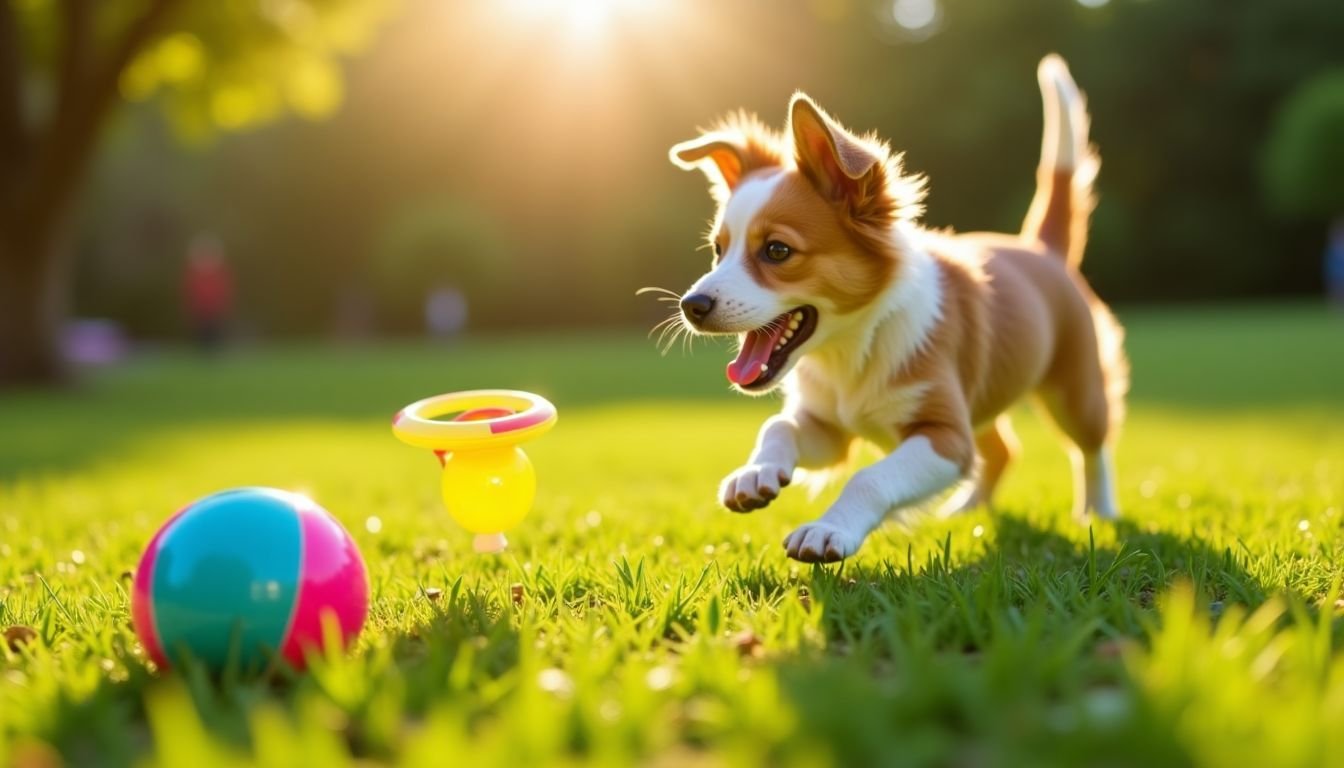 A dog eagerly plays with a colorful Flippy Flopper toy in a park.