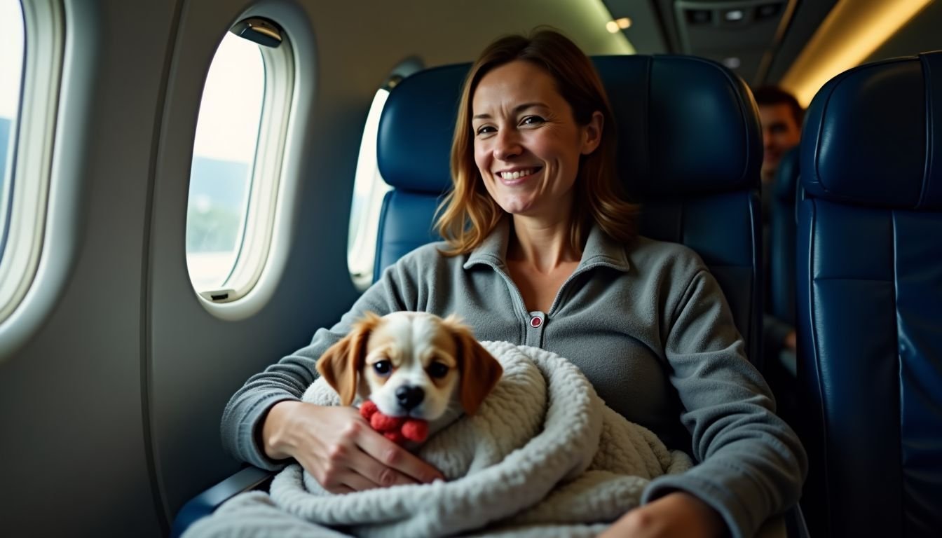 A woman with her small dog on an airplane.