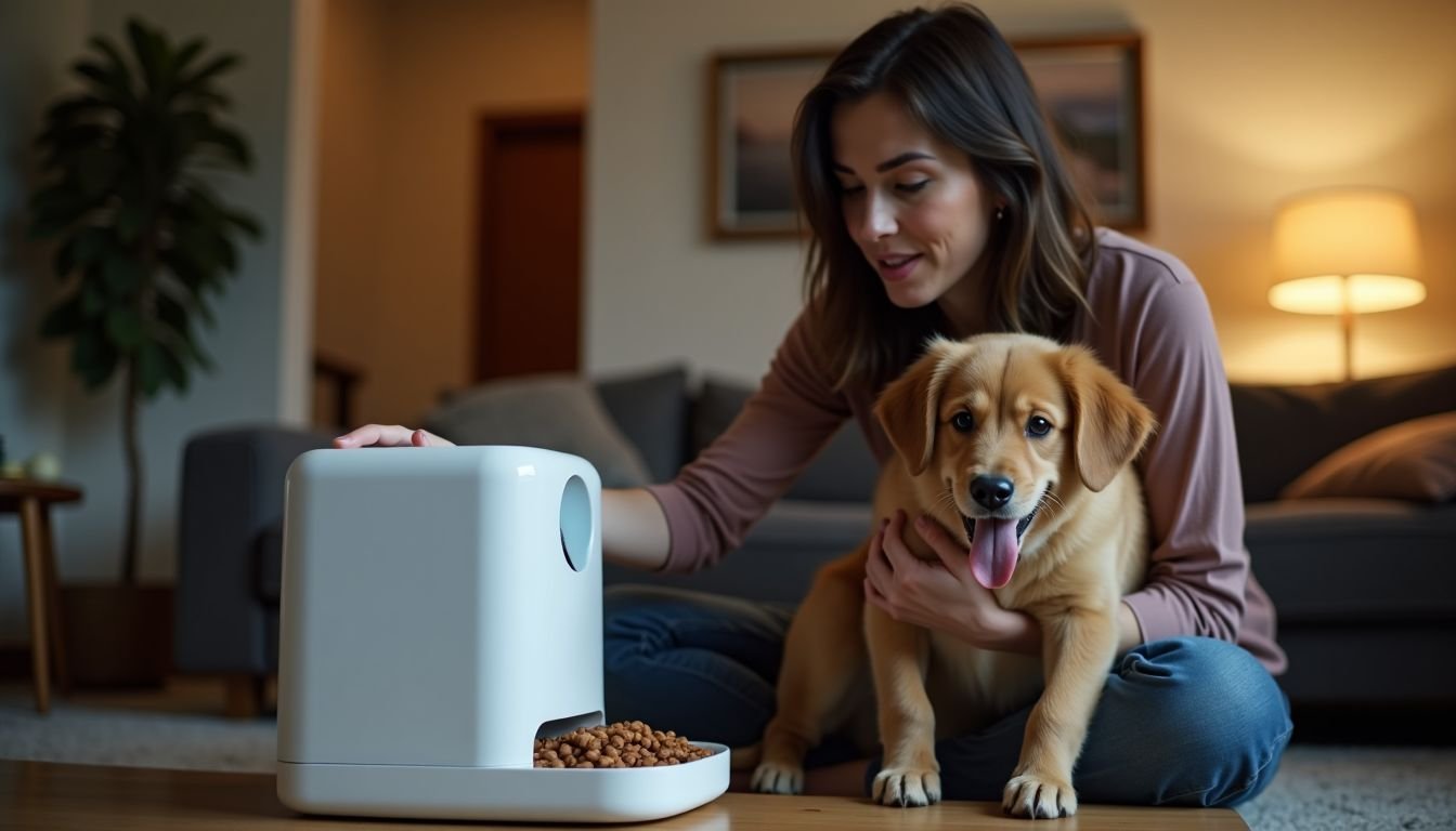 A woman interacts with a smart pet feeder while her dog eagerly waits.