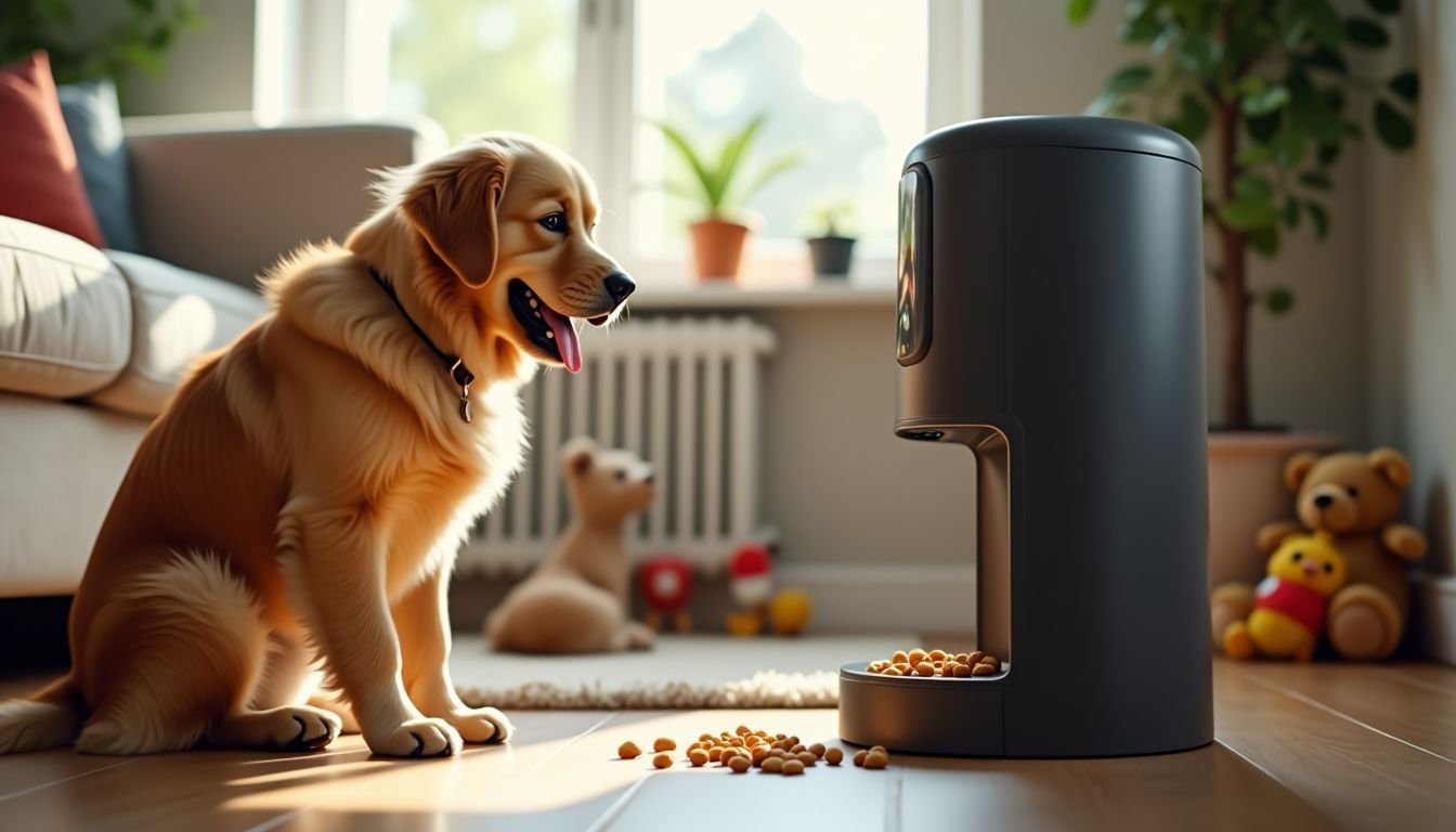 A golden retriever eagerly waits for treats from an automatic dispenser.