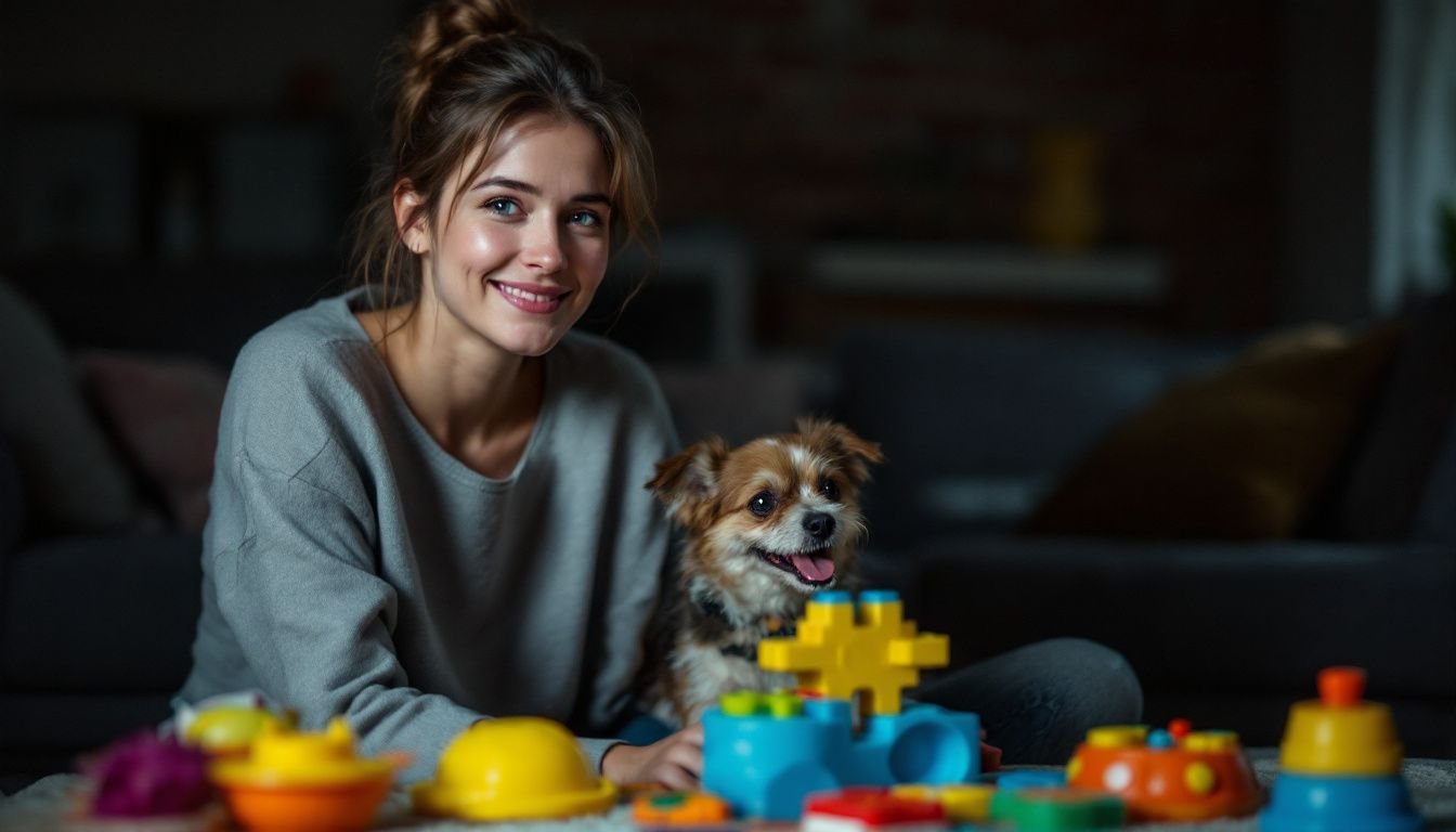 A woman sitting in a living room watching her playful dog.