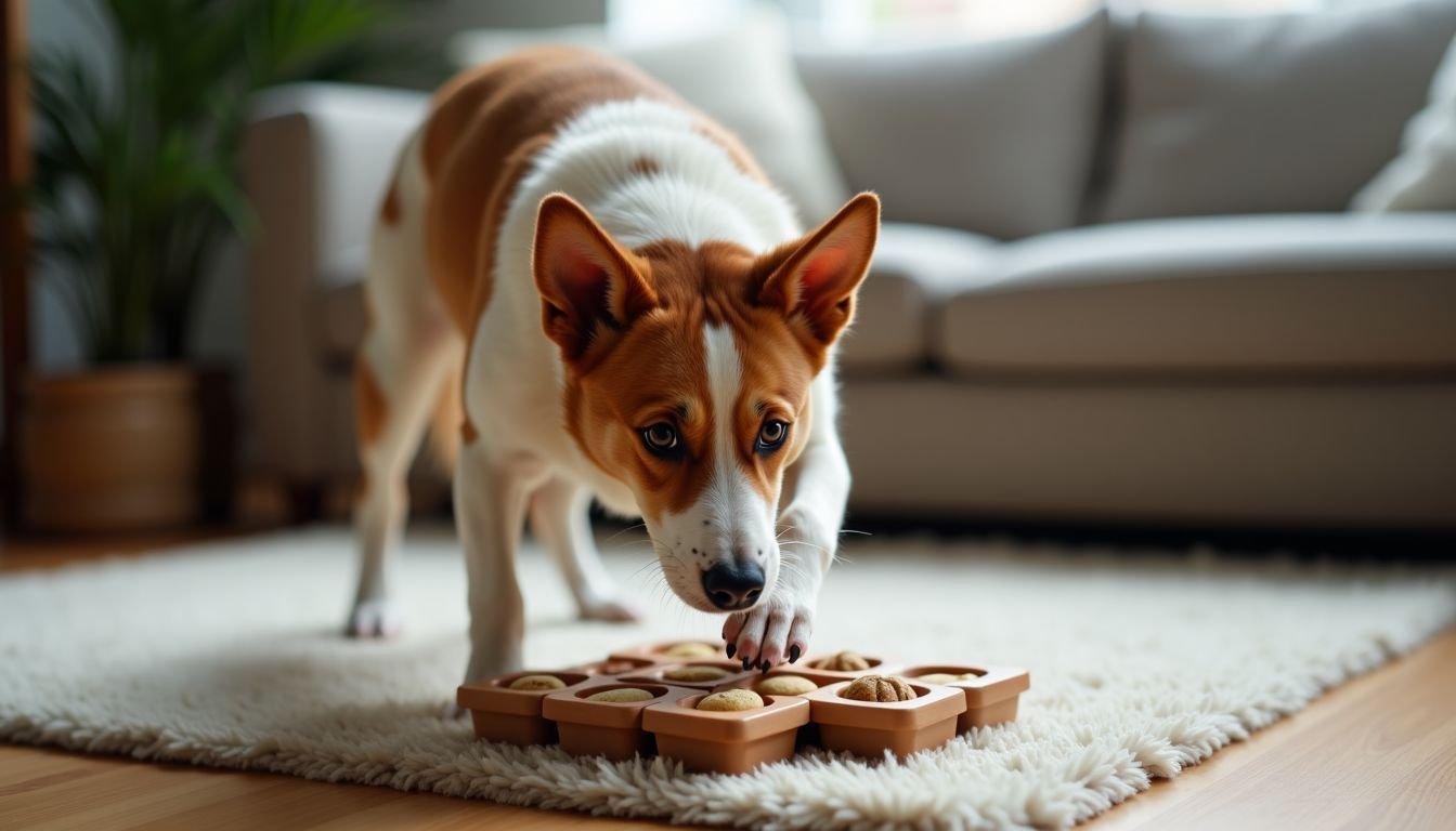 A dog flips over an interactive puzzle toy in a cozy living room. A dog flips over an interactive puzzle toy in a cozy living room.