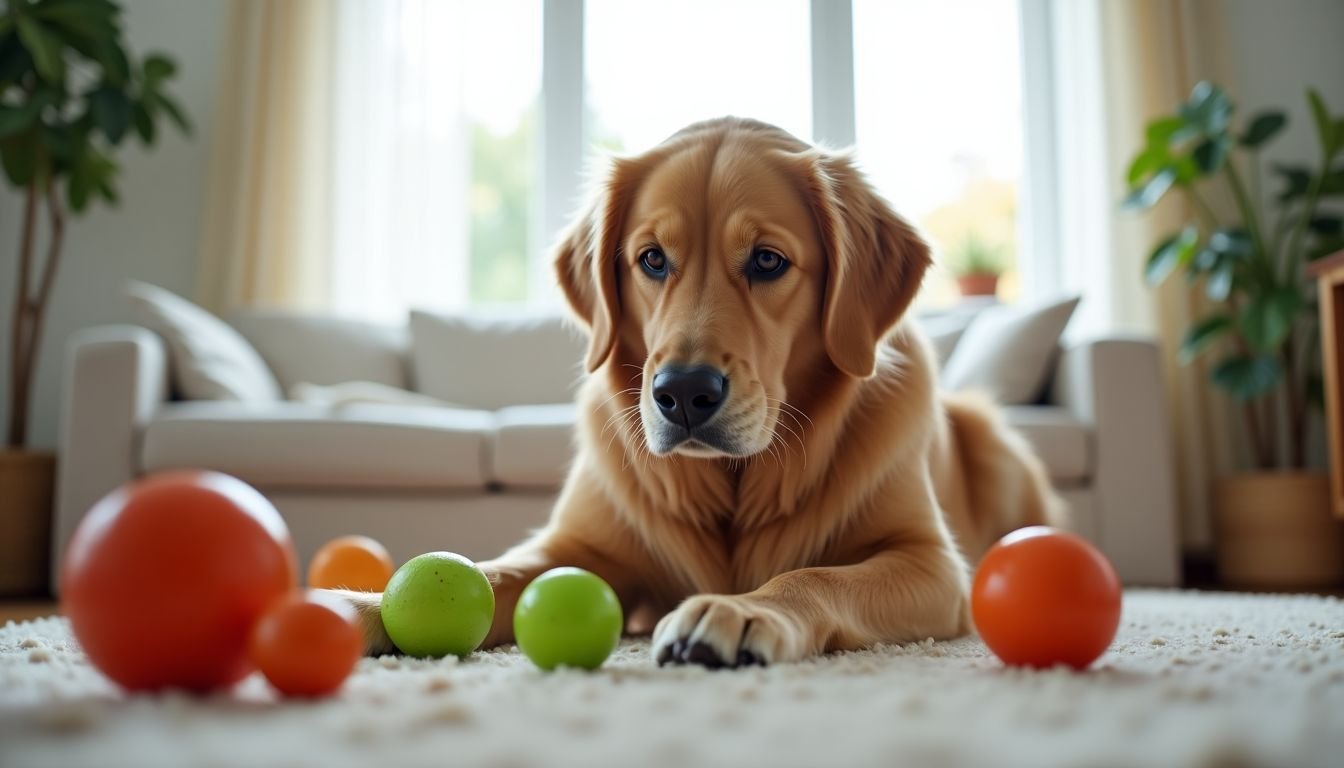 A golden retriever plays with toys in a bright living room.