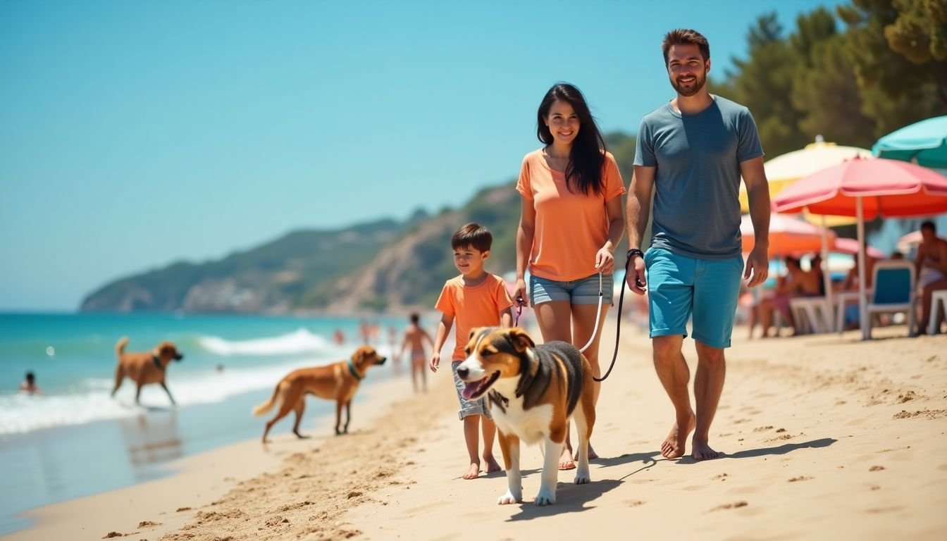 A family with a child walks their dog on a sunny beach. A family with a child walks their dog on a sunny beach.
