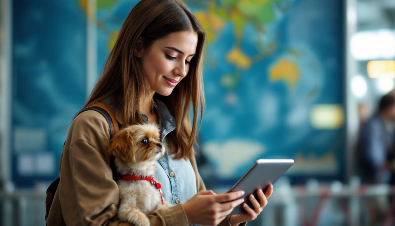 A woman with a dog at the airport, researching pet travel.