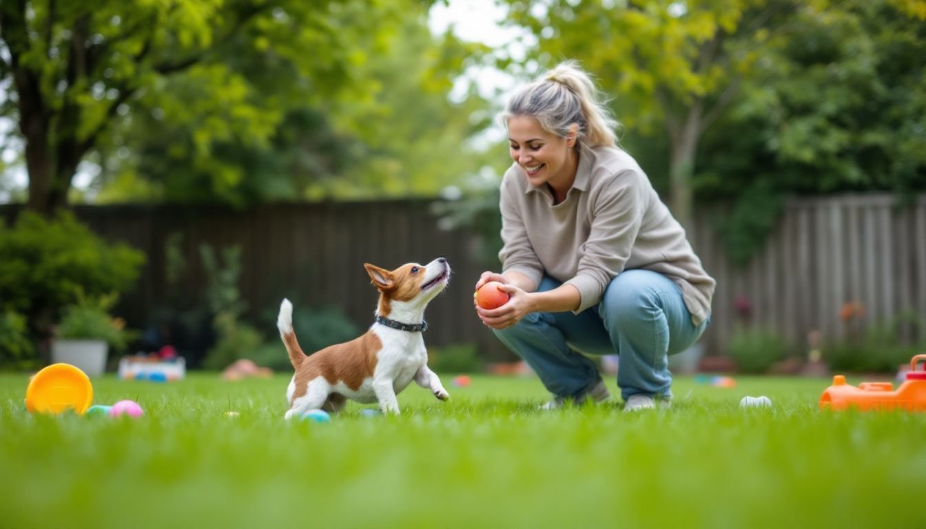 A woman plays fetch with her Jack Russell Terrier in a backyard.