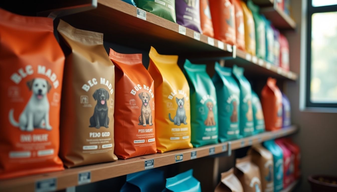 Various dry dog food bags displayed on a shelf in a pet store.