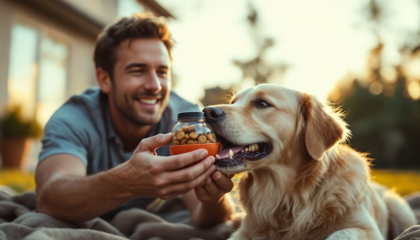 A man plays with his Golden Retriever in a backyard.