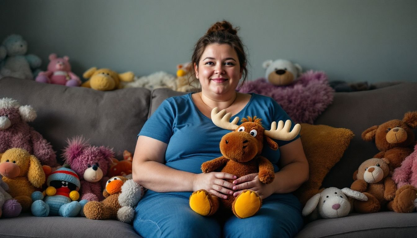 A woman sitting on a sofa with plush toys, holding one.