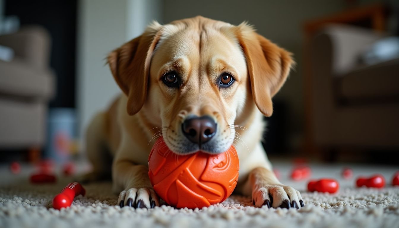 A Labrador Retriever playfully chews on a large KONG Extreme Dog Toy.