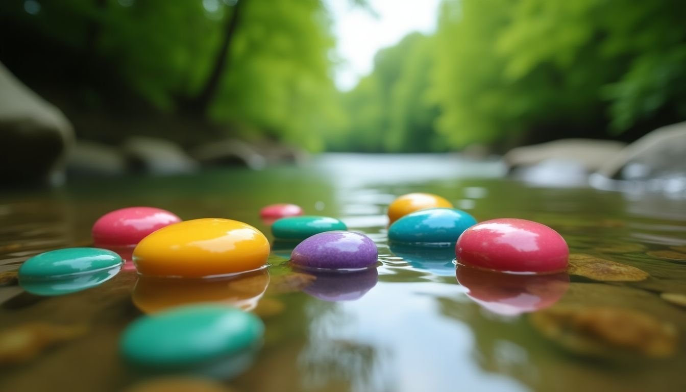 Colorful Kurgo Skipping Stones floating on clear river water, with lush green backdrop.