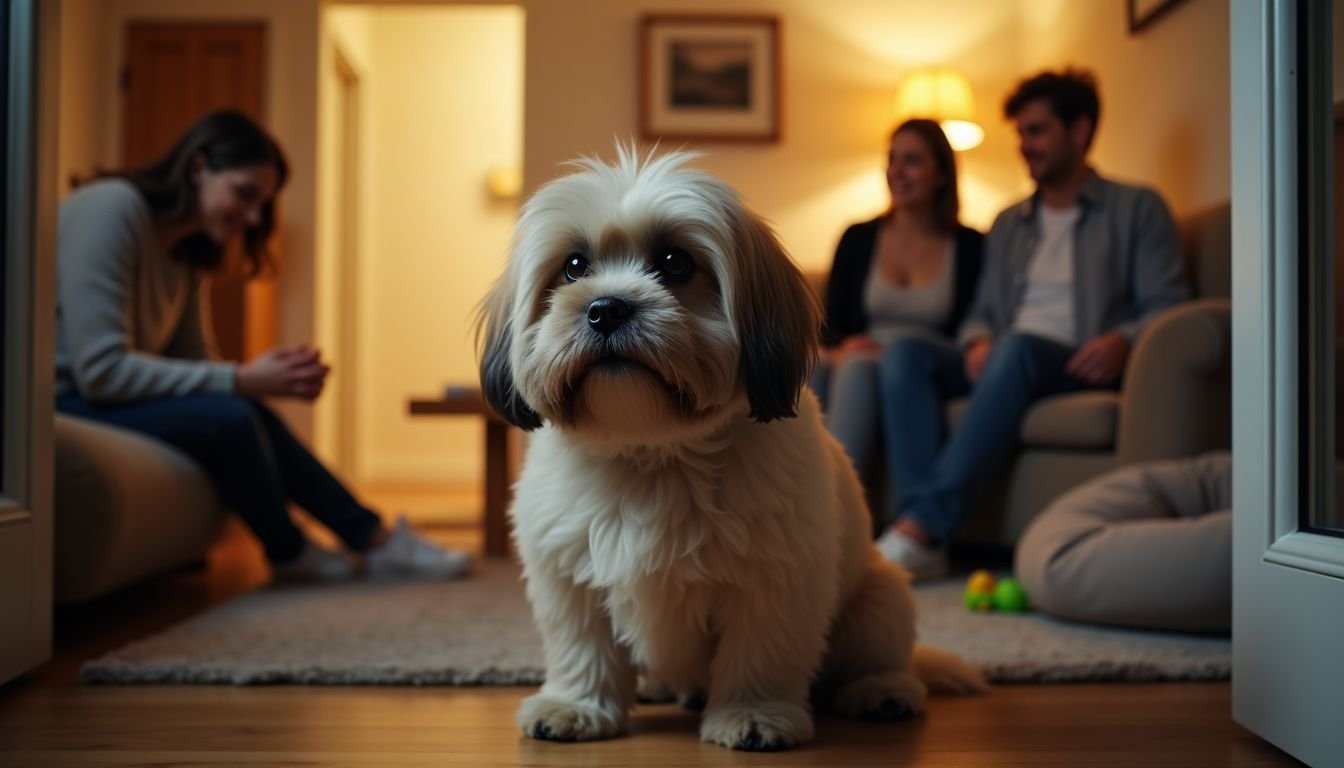 A Lhasa Apso sits alert in a cozy living room with its owners.