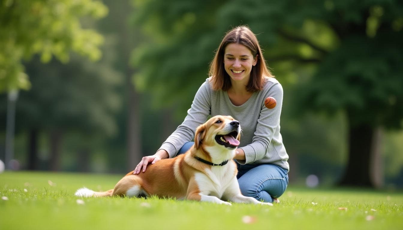A woman in her 30s playing fetch with her dog in a park.