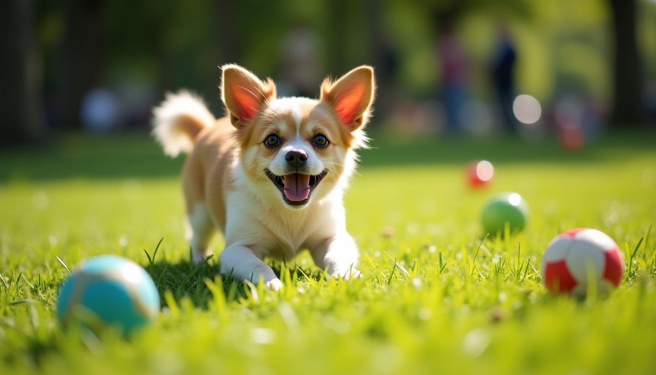 A small dog happily plays with toys in a sunny park.