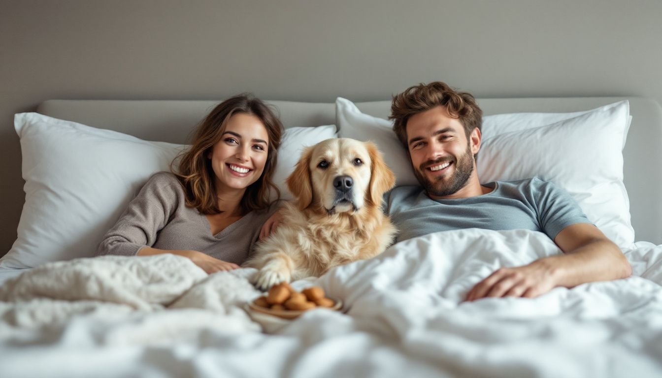 A couple and their golden retriever enjoying a pet-friendly hotel stay.